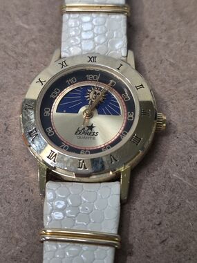 LA Express Gold-Tone Quartz Watch with White Strap and Blue Sun Dial